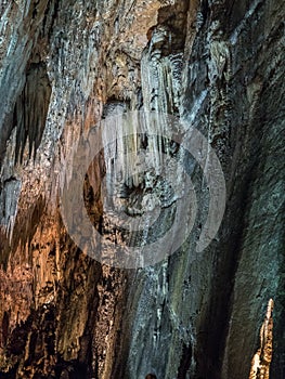 Stalactites and stalagmites in Valporquero`s cave Spain