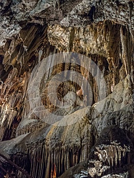 Stalactites and stalagmites in Valporquero`s cave Spain