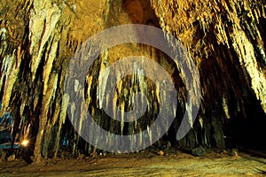 Stalagmite and stalactite in the cave