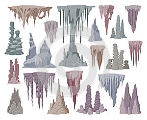 Stalagmite and stalactite limestone stones. Cartoon growth stalagmite formations, underground stalactite icicles flat vector