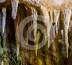 Stalagmite stones hanging on the ceiling of a drip cave, underground grotto background