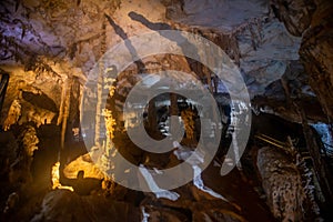 Stalagmites and columns formations of wind cave at Gunung Mulu national park. Sarawak.