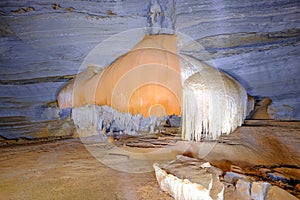 Stalagmites and stalactites in the cave Gruta Da Lapa Doce, cave in Iraquara, Chapada Diamantina, Bahia, Brazil photo