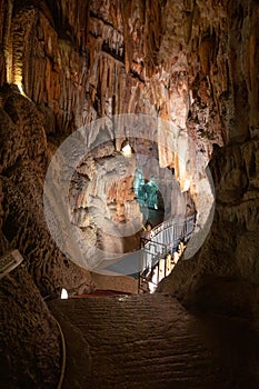 Stalagmites and stalactites inside the Dragorati cave on the island of Kefalonia in Greece.