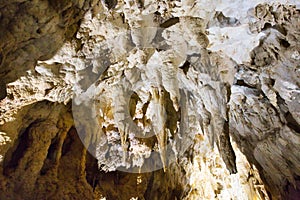Stalagmites and stalactites in Ruakuri Cave, Waitomo, New Zealand