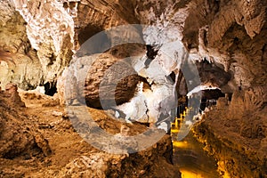 Stalagmites and stalactites in Ruakuri Cave, Waitomo, New Zealand