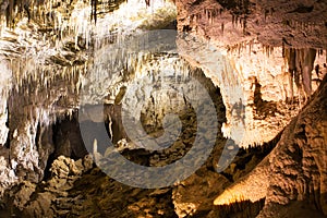 Stalagmites and stalactites in Ruakuri Cave, Waitomo, New Zealand