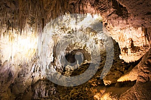 Stalagmites and stalactites in Ruakuri Cave, Waitomo, New Zealand