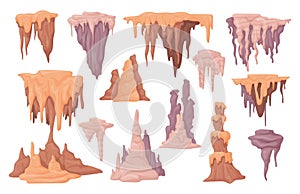 Stalagmites. Stalagmite and stalactite underwater cave or stone cavern, limestone formations geological speleology