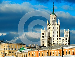 Stalin`s building in Moscow backdrop