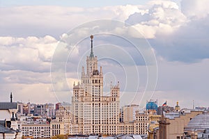 Stalin`s skyscraper in Moscow. City landscape in cloudy weather.