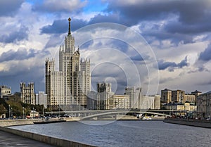 Stalinist style Kotelnicheskaya Embankment Building, a Stalin's high-rise built in 1952 by Moskva River, Moscow, Russia