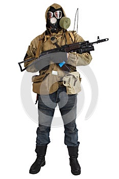 Stalker in gas mask with ak-47 gun