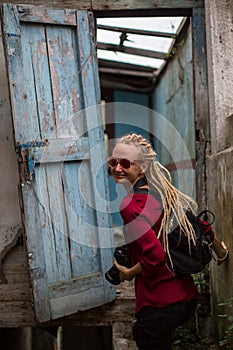 Stalker girl explores Abandoned house with the camera.