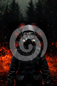 A stalker man in a gas mask, against the background of a ruined wasteland. Book Cover