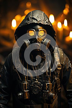 A stalker man in a gas mask, against the background of a ruined wasteland. Book Cover