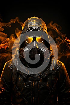 A stalker man in a gas mask, against the background of a ruined wasteland. Book Cover