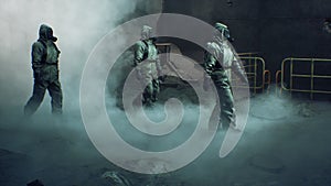Stalkers in military protective clothing and a gas mask walk through the smoke along a deserted tunnel. The concept of a photo