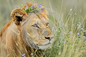 stalking lion with a crown of violets in tall grass