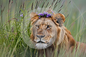 stalking lion with a crown of violets in tall grass