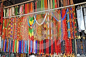 Stall with beautiful bright seed bead jewellery at the market in Kathmandu, Nepal