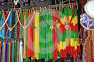 Stall with beautiful bright seed bead jewellery at the market in Kathmandu, Nepal