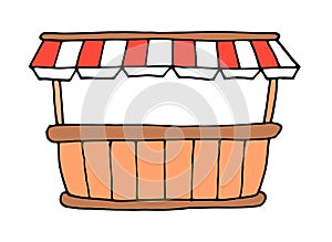 Stall counters in flat style. A doodle-style food market, a wooden counter with a red and white striped awning, with a black