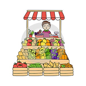 Stall counters. Street farmer`s market booth with a selection of fruits and vegetables. Open local fair. Vector illustration