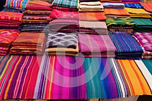 a stall featuring colorful handwoven rugs and mats