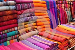 a stall featuring colorful handwoven rugs and mats