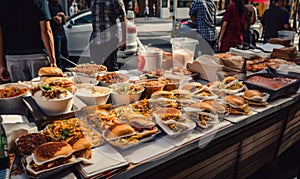 A stall full of diverse fast food dishes. People and cars at backdrop. Generative AI