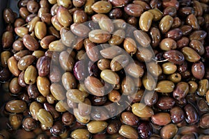 Stall with Kalamata or Kalamon olives at street market