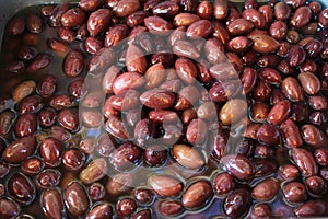 Stall with Kalamata or Kalamon olives at street market