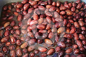 Stall with Kalamata or Kalamon olives at street market