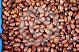 Stall with Kalamata or Kalamon olives at street market