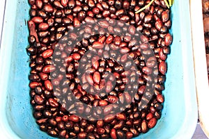 Stall with Kalamata or Kalamon olives at street market