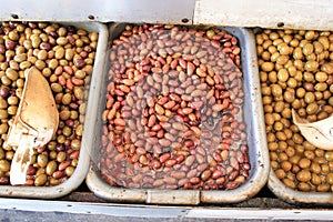 Stall with Kalamata or Kalamon olives at street market