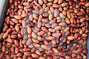 Stall with Kalamata or Kalamon olives at street market