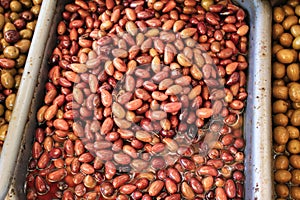 Stall with Kalamata or Kalamon olives at street market