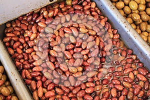 Stall with Kalamata or Kalamon olives at street market