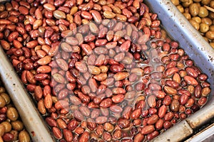 Stall with Kalamata or Kalamon olives at street market