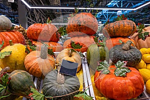 A stall with a ripe pumpkin close-up