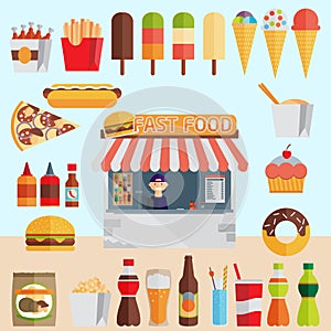 Stall sells fast food. Flat vector