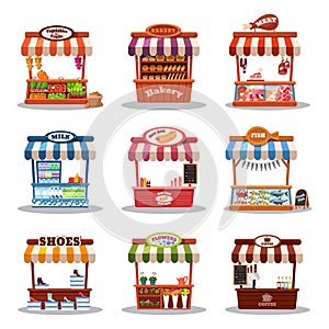 Stall street market vector illustration. Food market kiosk with fastfood, stand and marketplace set