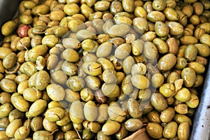 Stall with Tsakistes olives at street market