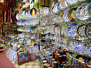 Stalls with colorful pottery, Grand Bazaar, Istanb