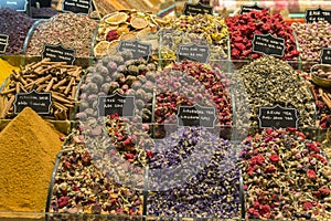 Stalls selling dry fruit at Misir Carsisi meaning Egyptian Bazaar or Spice bazaar