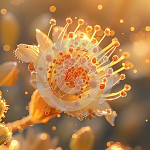 Stamen, pollen grains, reproductive function, close-up view, 3D render, golden hour, lens flare