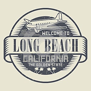 Stamp with airplane and text Welcome to California, Long Beach
