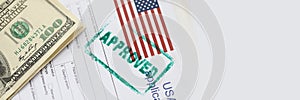 Stamp approved is on documents for obtaining American visa closeup